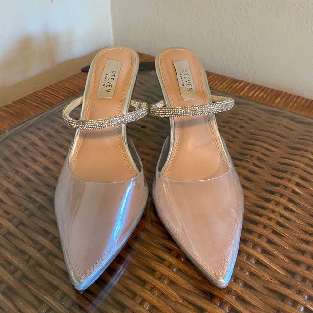 Size 7 Steven New York Silver Glitter Band Stiletto Heel Clear Toe - Used